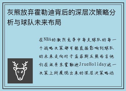 灰熊放弃霍勒迪背后的深层次策略分析与球队未来布局