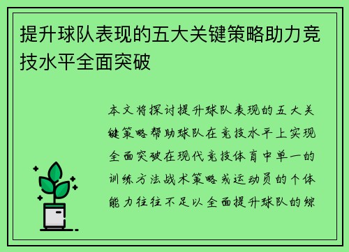 提升球队表现的五大关键策略助力竞技水平全面突破