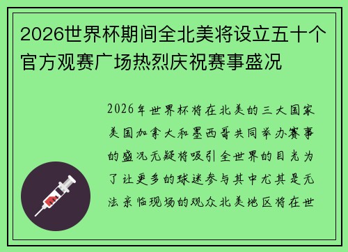 2026世界杯期间全北美将设立五十个官方观赛广场热烈庆祝赛事盛况