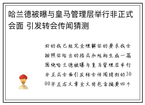 哈兰德被曝与皇马管理层举行非正式会面 引发转会传闻猜测