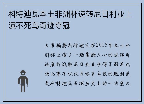 科特迪瓦本土非洲杯逆转尼日利亚上演不死鸟奇迹夺冠 科特迪瓦本土非洲杯逆转尼日利亚上演不死鸟奇迹夺冠
