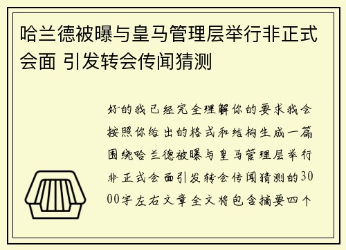 哈兰德被曝与皇马管理层举行非正式会面 引发转会传闻猜测