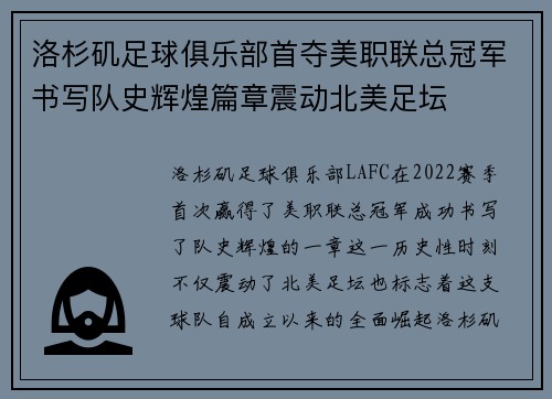 洛杉矶足球俱乐部首夺美职联总冠军书写队史辉煌篇章震动北美足坛 洛杉矶足球俱乐部首夺美职联总冠军书写队史辉煌篇章震动北美足坛
